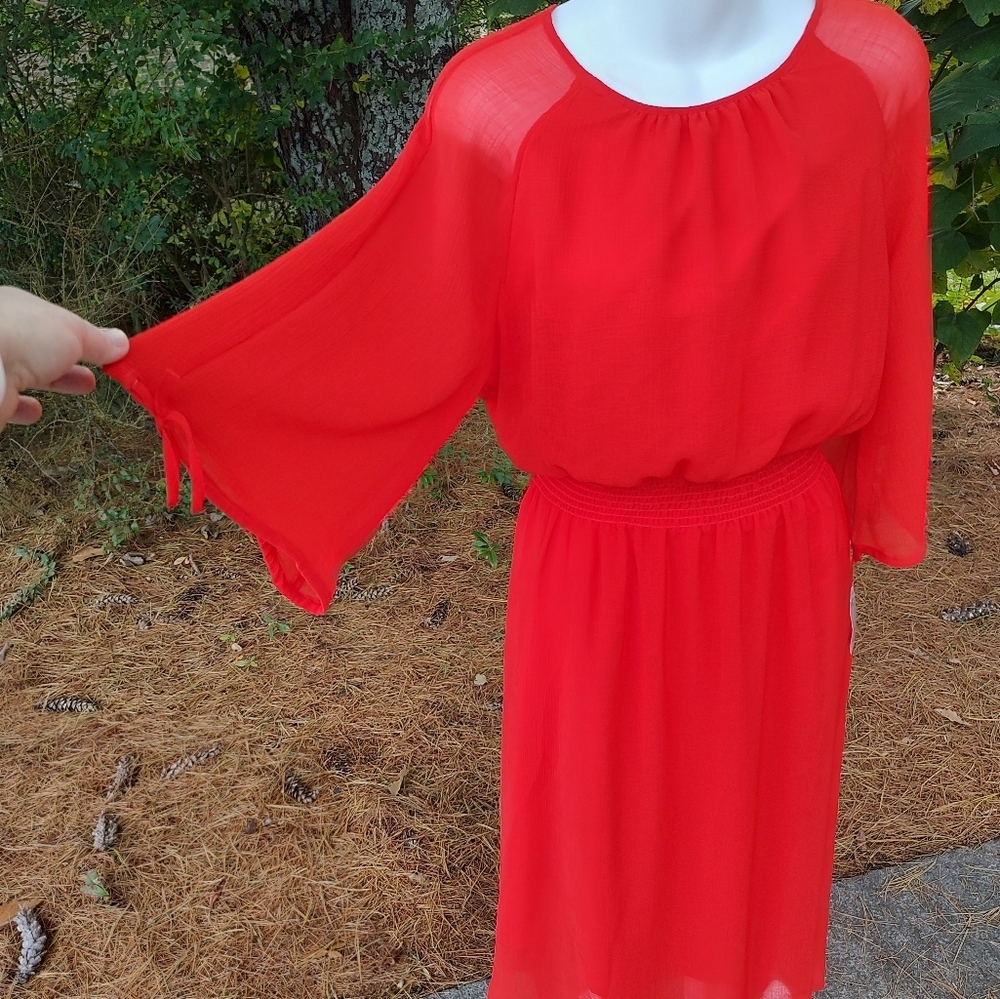Maggie London Gauze Chiffon Smocked Waist Midi Dress Red Women's Size 8 - Picture 4 of 12